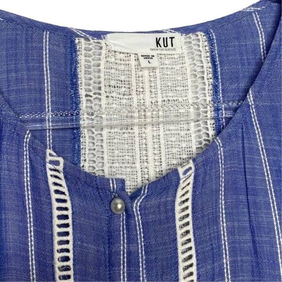 Kut From the Kloth Blue & White Boho Crochet Bell Sleeve Button Up Blouse Large - Picture 6 of 8